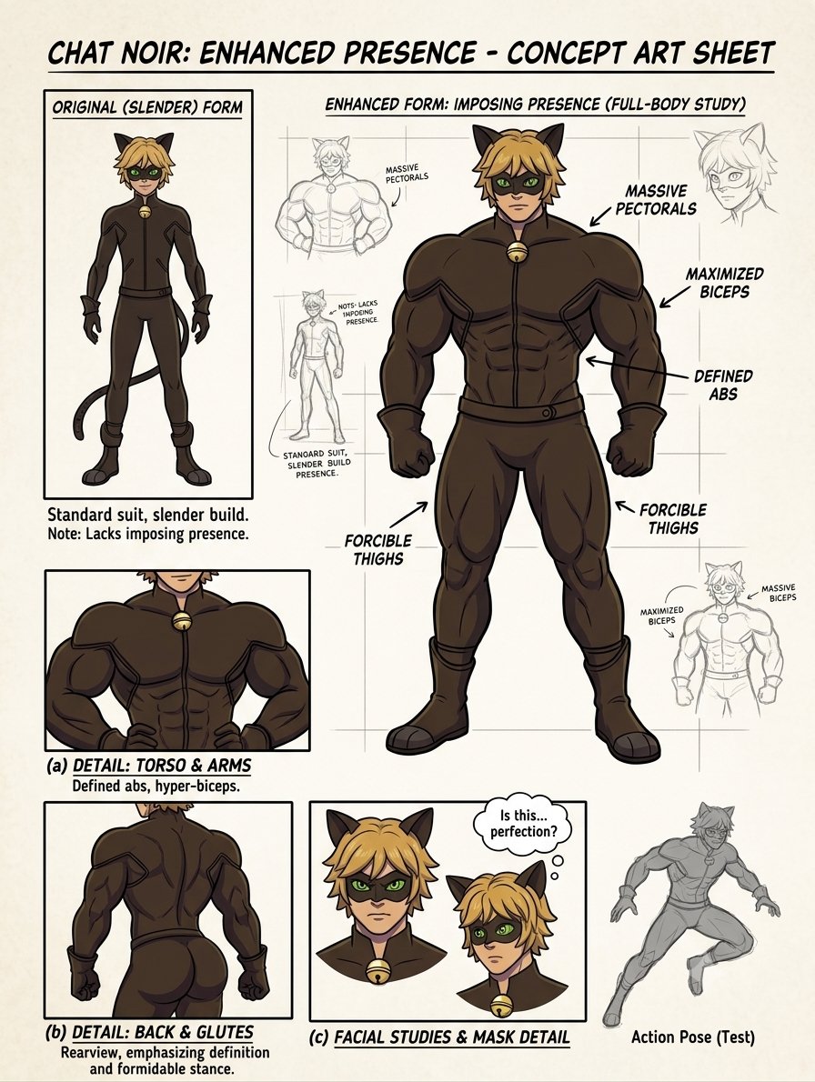 Andressbuff's tweet photo. We gave Chat Noir the presence he always needed.  From slender to absolutely IMPOSING. Is this... perfection? #ChatNoir #MiraculousLadybug #ConceptArt #BuffChatNoir
#MuscleGrowth https://t.co/jjuobRMFZ1