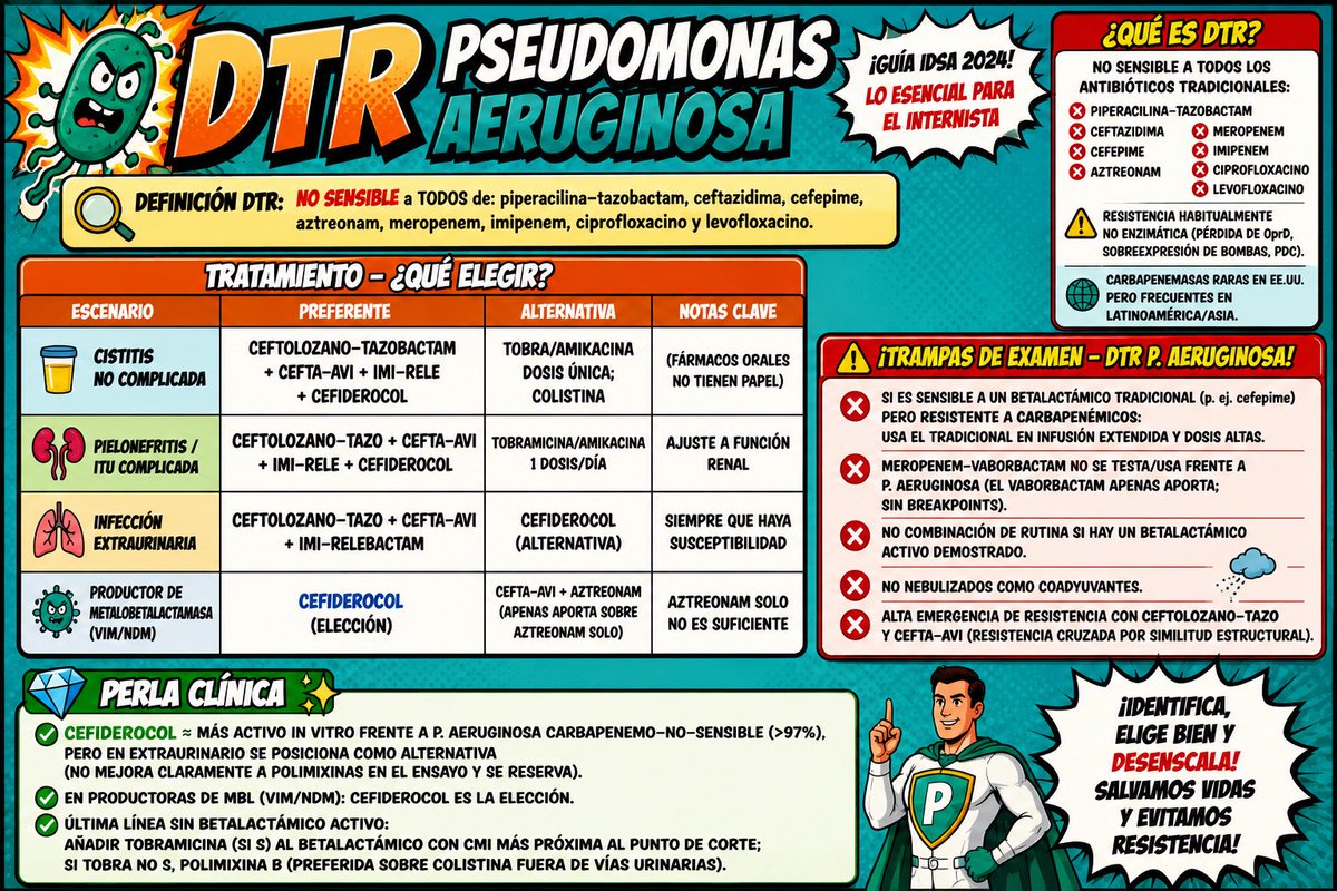 gabi_puchepalao's tweet photo. 🦠 P. aeruginosa DRD (difícil de tratar)

Si aún es sensible a cefepime:
✅ Cefepime a dosis altas e infusión prolongada.
❌ No gastes los nuevos β-lactámicos.

Si produce una MBL:
🏆 Cefiderocol es el tratamiento de elección. 🎯 https://t.co/arhfxG89b3
