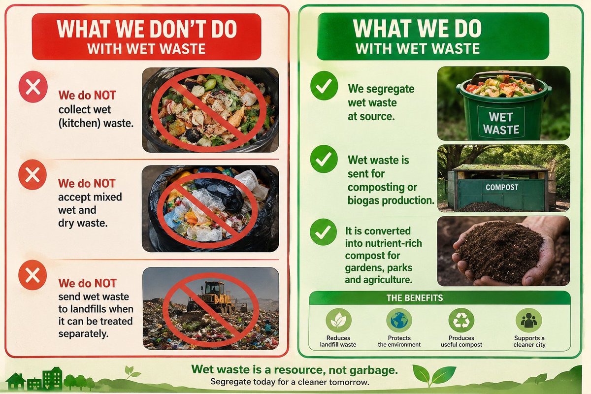 Rajnees03430228's tweet photo. When segregated at source, kitchen waste can be converted into compost or biogas, reducing landfill waste and supporting a cleaner, greener future.
Segregate today. Protect tomorrow. ♻️
#WasteSegregation #WetWaste #Composting #CircularEconomy #Sustainability #SWM2026 https://t.co/XzMkB859J1
