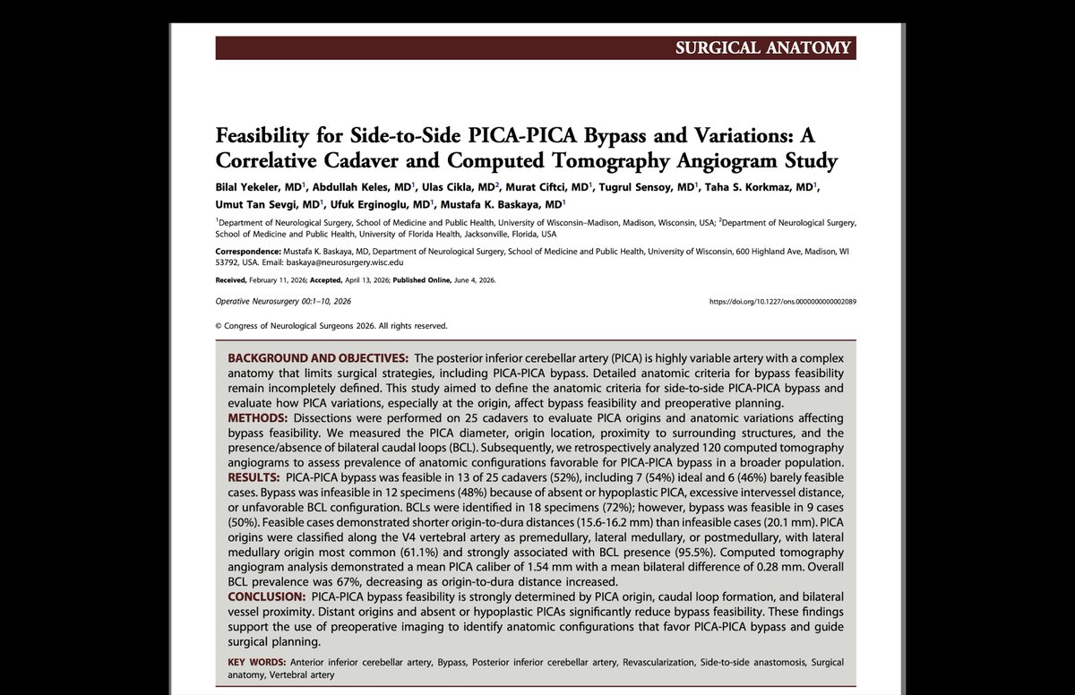DrBaskaya's tweet photo. 🧠 The best bypass is the one the patient's anatomy allows.
Our anatomical study defines the key determinants of PICA-PICA bypass feasibility.
🔗 https://t.co/XovdAZKeuF
#Neurosurgery #Microsurgery https://t.co/qmsldKcxkz