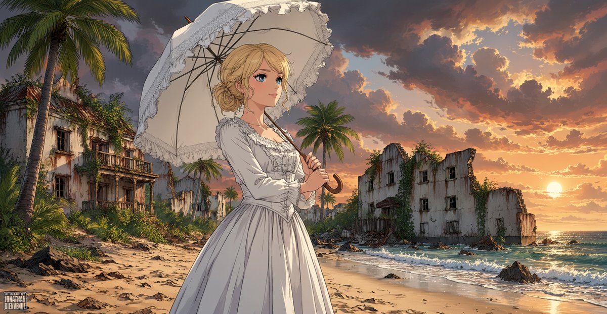 JonathanOkaeri's tweet photo. @QamarRiaz1 THE END OF THE COLONIES - 01
#victorian #whitedress #gothic #blonde #ruins #palmtrees #Ai #AIwork #AIart https://t.co/VgG0aSFU3Y