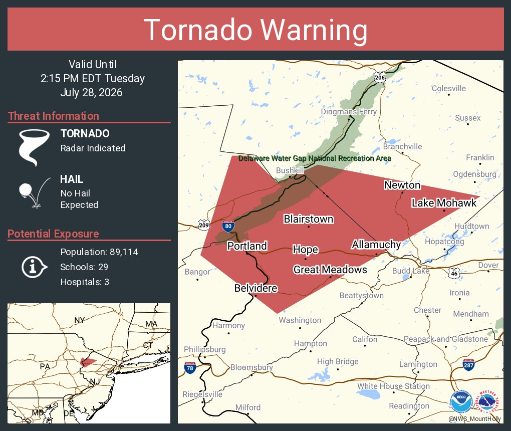 NWStornado's tweet photo. Tornado Warning including Lake Mohawk NJ, Newton NJ and  Belvidere NJ until 2:15 PM EDT https://t.co/kbTgCC0NpQ