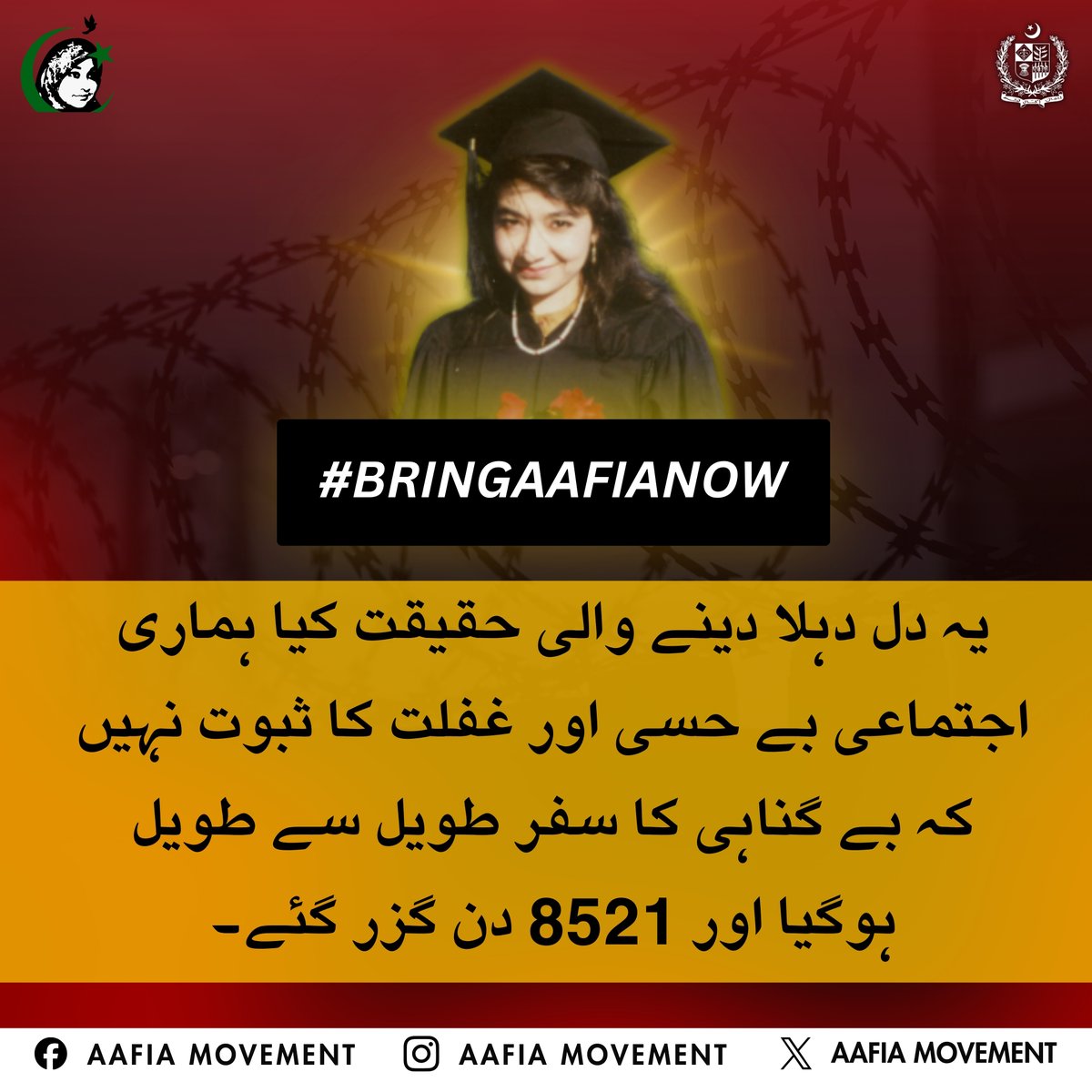 Aafiamovement's tweet photo. 8,521 days have passed, yet justice remains denied.
Dr. Aafia Siddiqui's prolonged imprisonment continues to symbolize the urgent need for justice, compassion, and due process. Let us keep raising our voices until truth prevails and she is reunited with her homeland. https://t.co/flO7KQ1IM2