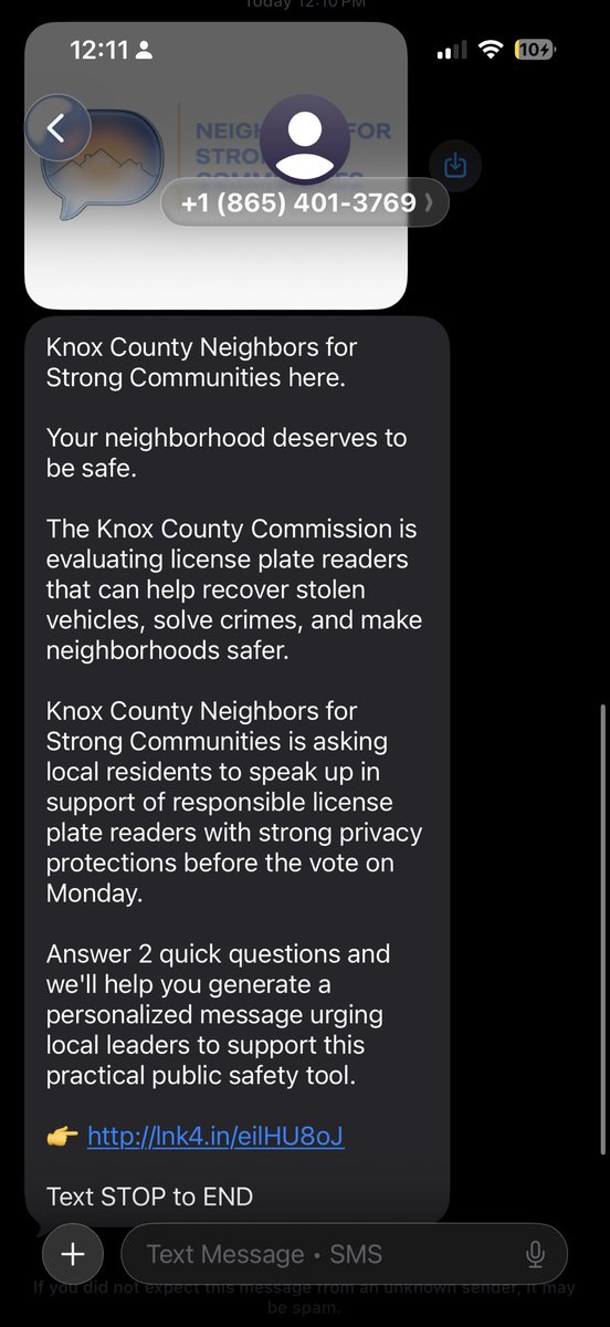 tennesseestands's tweet photo. This week, residents of Knox County received a text from Knox County Neighbors for Strong Communities, an organization that does not exist, asking for you to take a survey regarding the importance of mass surveillance, aka flock cameras.

The link leads you through a series of questions, under the assumption that this data is being taken to help the County Commissioners form decisions.

Unfortunately, the data from this survey is being retrieved by an unknown source, stored without access by the public, without any way of knowing where the data is then being sent.

Exactly like the data that is being taken daily by these Flock Cameras, the only difference being that it’s our own local governments who have access to it. 

The public cannot access the pictures of themselves, without a FOIA request. The public has no way of knowing when the data is being shared to another local or state government.

If you are driving in Tennessee, your picture is being taken and organizations behind Knox County Neighbors for Strong Communities are working to make sure there’s nothing you can do about it. 

If Representative Hulsey’s bill would have passed, our state would not be in this situation and the privacy of citizens would be protected in Tennessee.