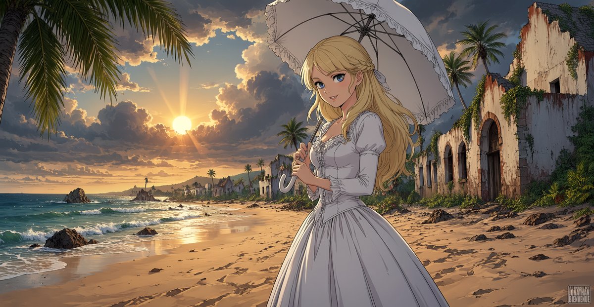 JonathanOkaeri's tweet photo. @darthjav THE END OF THE COLONIES
#victorian #whitedress #gothic #blonde #ruins #palmtrees #Ai #AIwork #AIart https://t.co/gE9ujJLQvz