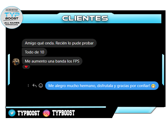 TYPBoost's tweet photo. ⚡️ Cliente satisfecho con nuestra optimización ✅
🗒️Mejora de rendimiento en diferentes juegos💻
ℹ️SERVICIO 100% REMOTO, SIN MOVERTE DE CASAℹ️
🗒️Más de 10.000 Optimizaciones, más de 5 años🗒️
#CSGO #FORTNITE #VALORANT #COD #ROCKETLEAGUE
#FPS #BOOST #OPTIMIZACION #WINDOWS https://t.co/TREeYQsIU5