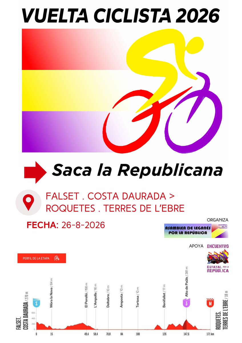 EncuenPorLaRep's tweet photo. 🔴  Vuelta Ciclista 2026 #LaVuelta26

📅26-08-2026

🚩  Falset  Costa Dourada - Roquetes  Terres de l´Ebre

🟡  Os invitamos a sacar las banderas republicanas y las de cada territorio, así como las banderas por la paz y contra la guerra

🟣 #Vuelta26SacaLaRepublicana https://t.co/2fyaFB5jIL