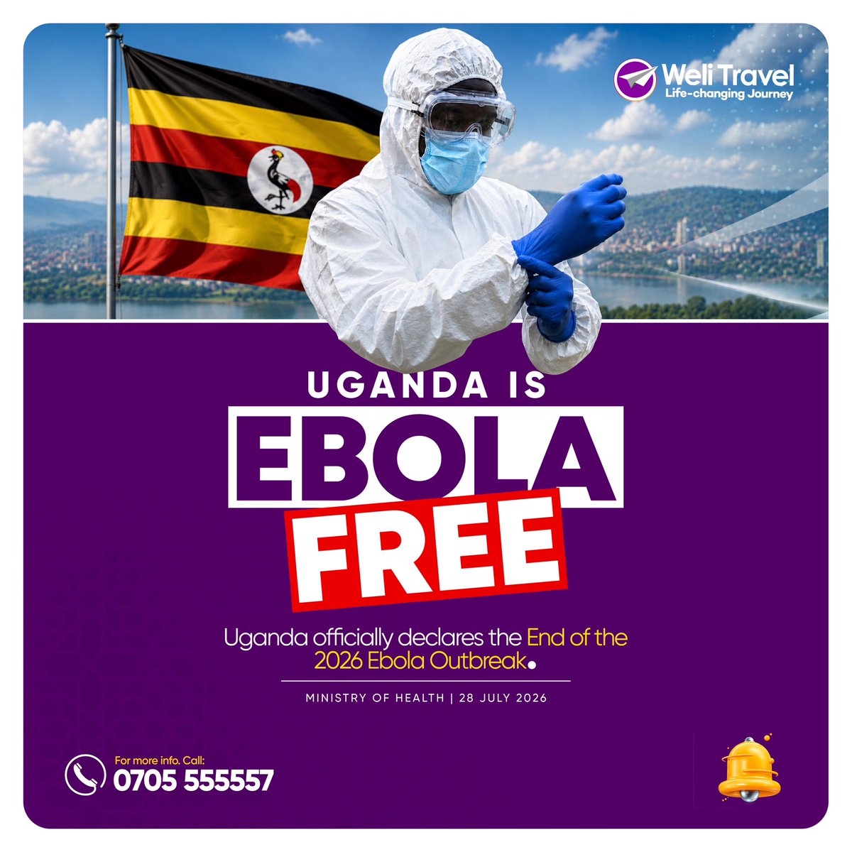 WeliCommunity's tweet photo. UGANDA IS EBOLA FREE!

The outbreak is officially over!

A big win for Uganda and great news for travellers preparing for journeys around the world. ✈️🕋

#UgandaIsEbolaFree https://t.co/eiDiYhU9B2