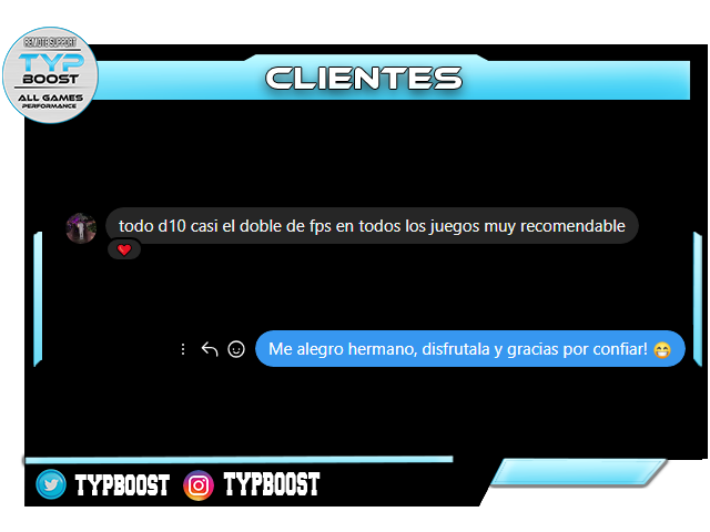 TYPBoost's tweet photo. ⚡️ Cliente satisfecho con nuestra optimización ✅
🗒️Mejora de rendimiento en diferentes juegos💻
ℹ️SERVICIO 100% REMOTO, SIN MOVERTE DE CASAℹ️
🗒️Más de 10.000 Optimizaciones, más de 5 años🗒️
#CSGO #FORTNITE #VALORANT #COD #ROCKETLEAGUE
#FPS #BOOST #OPTIMIZACION #WINDOWS https://t.co/uxZ5b82bSH