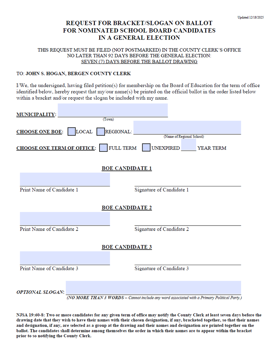 electionsclerk's tweet photo. ATTN: '26  General Bergen County Board of Ed Candidate - if would like to add/change your slogan or bracket with another candidate you must submit the Bracket/Slogan Request by 8/3!

Visit https://t.co/hlxJyaoAXc for the form. Email your form to electionsclerk@bergencountynj.gov https://t.co/JFsnN5sS7x