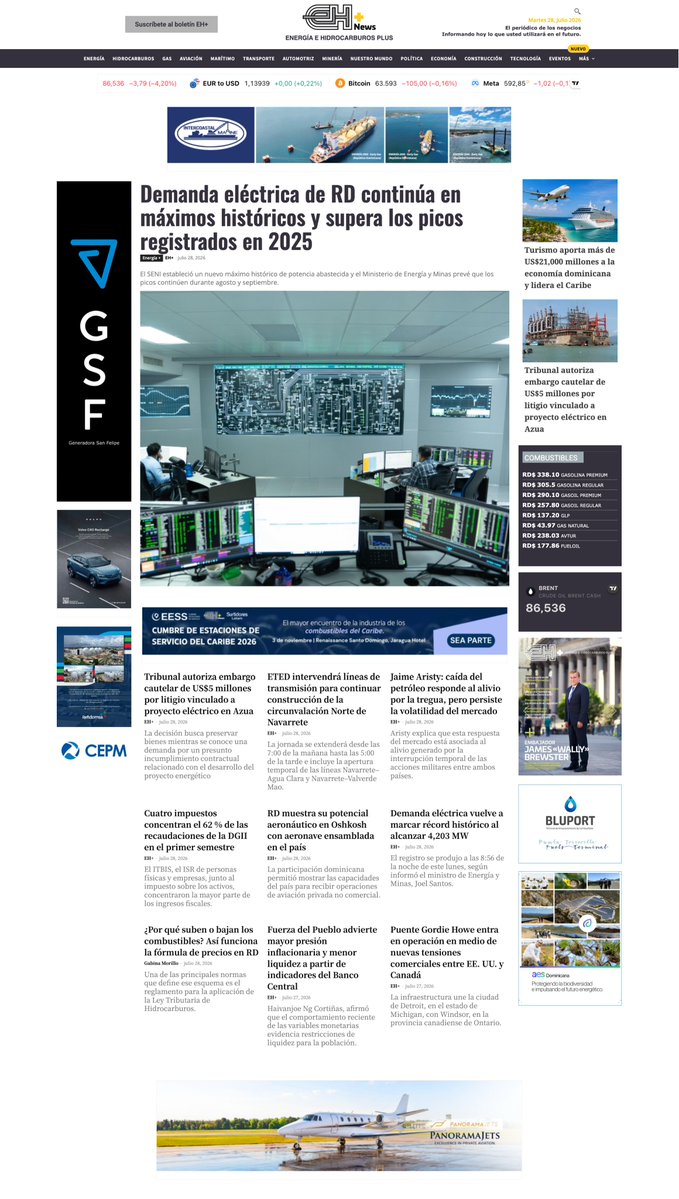 ehplusdo's tweet photo. #PortadaEH- Portada vespertina de hoy 28/7/2026. "Demanda eléctrica de RD continúa en máximos históricos y supera los picos registrados en 2025"
Ingresa para ampliar 👉 https://t.co/PD43X8F355
#EHPlus https://t.co/YZwU4Wuj4a