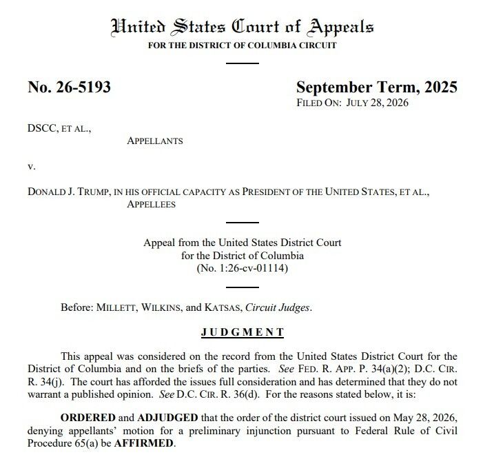 ZoeTillman's tweet photo. The DC Circuit today sided against the DNC in one of the lawsuits against Trump's mail-in voting EO, agreeing with a lower court judge that the claims were premature because agencies hadn't done anything concrete yet. 

But the panel warned the administration that it could face a block later if officials tried to implement "massive changes" for the November midterms.

Story: https://t.co/BoYof3Jr5m 
Order: https://t.co/LlpmPJ9jk4