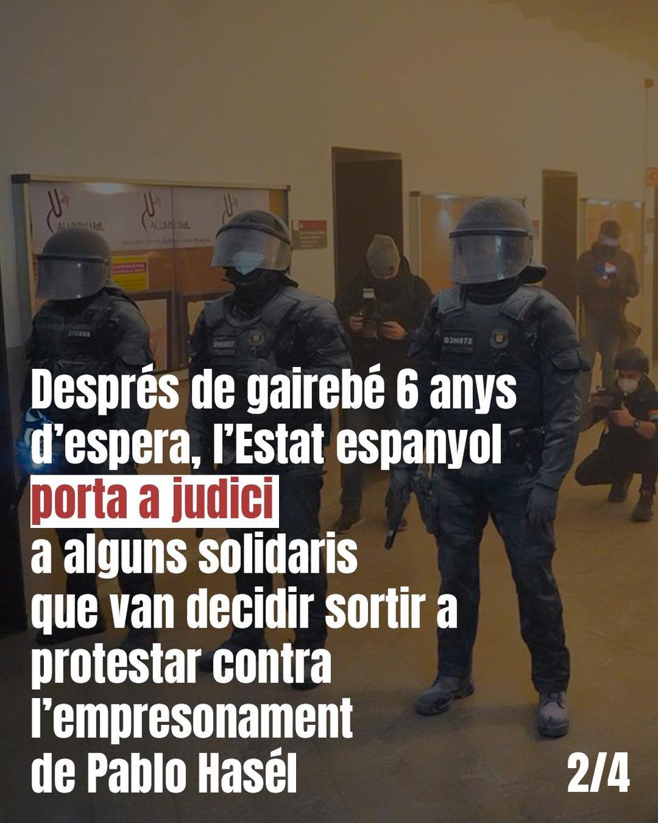 antirepreBCN's tweet photo. ❗ JUDICI ALS 8 DEL RECTORAT

✊🏻 Aquest novembre, gairebé 6 anys després, jutgen les 8 del Rectorat per la protesta contra l'empresonament de Pablo Hasél.

❌ La Fiscalia demana 12 anys de presó i 115.000 €.

🔥 Ens jutgen a totes.

AMNISTIA TOTAL! https://t.co/usnyfwT7Bc