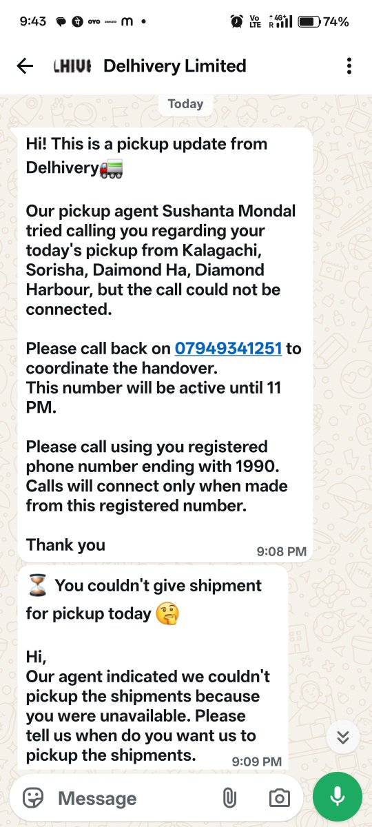 SomnathPal2002's tweet photo. Harassment by @delhivery agent Sushanta Mondal (Sorisha hub)! Gives fake missed calls &amp; marks "Seller Unavailable" for @Meesho_Official. Calling back gets rejected! Change courier partner ASAP! AWB: 1490838727069204 @meesho_support https://t.co/NYwWHTgYBA