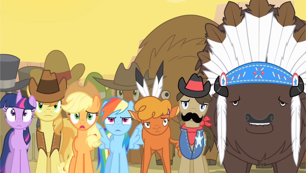 marmucis's tweet photo. this episode was way worse than i remembered as a kid oh gosh what were the writers thinking…ponies literally stole buffalo land (who are obviously meant to be native americans) and it’s all resolved with "sharing is caring" all bc one of the buffaloes like their apple pie 🫩 https://t.co/ux3fuMTuCh