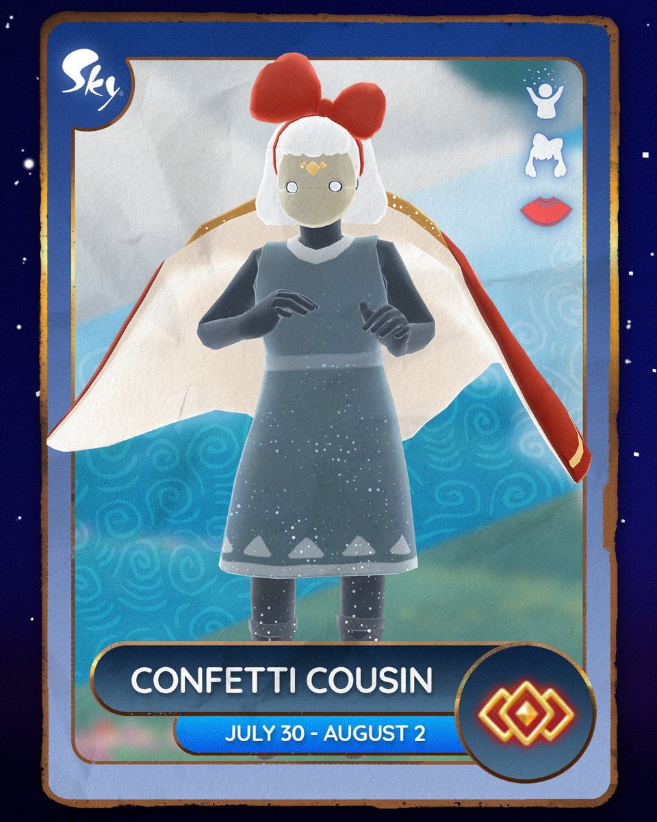 thatskygame's tweet photo. Let’s celebrate Confetti Cousin’s return to the realms! 🎉 🥳

Players who have visited Valley of Triumph ✔️, and at least started the 3rd quest from the Hopeful Steward in Aviary Village, can relive this Spirit’s memories in Butterfly Fields &amp; collect their beloved expression. https://t.co/UoIsuAWl2T