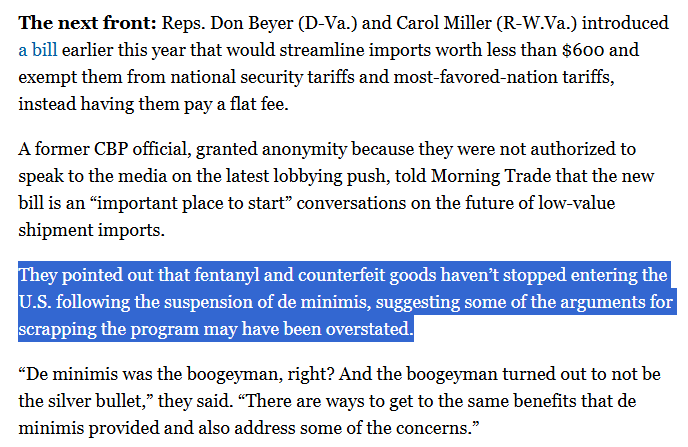 scottlincicome's tweet photo. Former CBP official admits that ending the "de minimis" rule for low-value, direct-to-consumer imports didn't stop fentanyl smuggling. 

Shocking, I know. https://t.co/L4xbSgP9JZ https://t.co/GsIKCRPkwH