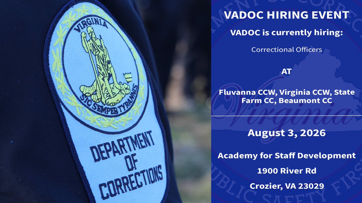 VADOC's tweet photo. VADOC will be holding a hiring event on August 3 at our Academy for Staff Development.

🗺️Crozier, VA
🕛9 a.m. to 3 p.m.

We will be hiring Corrections Officers for the facilities listed below ⬇️ https://t.co/7DYKDQMomI