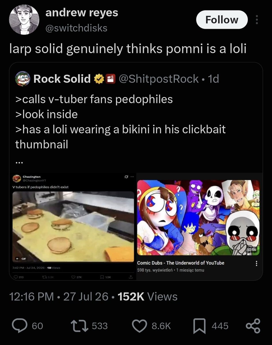 MizusPuddle's tweet photo. Pomni is a western loli. She even has the common troupe where people in universe assume she's a child.

I've talked about this often but western lolicon is extremely normalized and accepted, you just don't think it's lolicon cause the art styles aren't as conventionally attractive as anime's.

It's literally the flirting vs harassment meme in reverse.