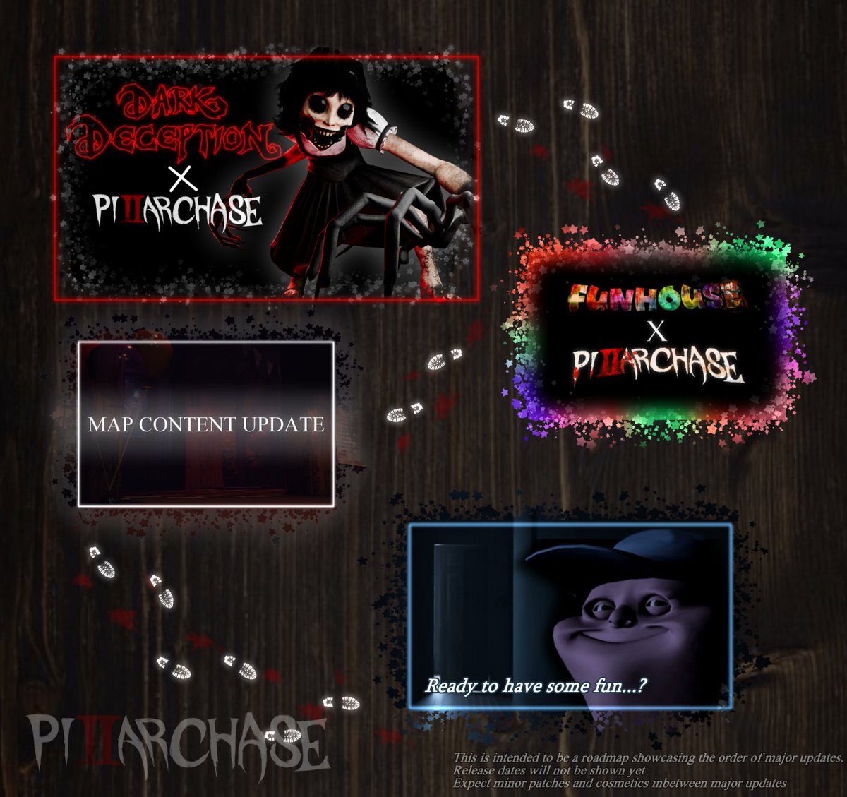 PillarChase_2's tweet photo. Pillar Chase's second roadmap is here!

This shows the order and contents of the next four major updates.

#pillarchase #darkdeception #funhouse #unclesamsonite https://t.co/GFaujGpQMk
