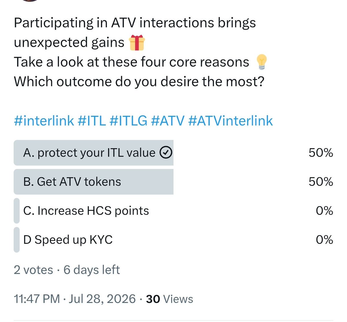 InterLinkID6760's tweet photo. Most important foundation for any ecosystem! 💎 Protect $ITL value above all. Once we achieve stability everything else—tokens points,speed—becomes truly valuable. Just voted Option A in the latest ATV poll. Which outcome is your top priority? #atv #interlink #ITL #ATVinterlink https://t.co/3SwvR1ZBVz