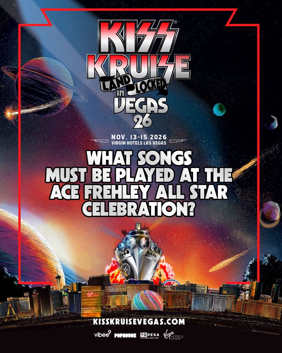 kiss's tweet photo. 🔥 HELP US BUILD THE SET LIST! 🔥
 
Here’s your chance to shape a once-in-a-lifetime KISS experience!
 
The Ace Frehley All-Star Celebration at KISS Kruise: Land-Locked in Vegas '26 will bring together members of KISS alongside an incredible lineup of special guest artists for a celebration unlike anything KISS fans have ever seen.
 
🎸 What Ace songs MUST be played? Drop your picks in the comments below. The louder your voices, the louder we'll crank them up.
 
⚡ This isn't just another concert. It's a celebration of one of rock's greatest guitar heroes—and a moment in KISStory you won't want to hear about from someone else.
 
🎟️ Don't miss your chance to be there. Book your KISS vacation now on https://t.co/lQAKvTYzTm