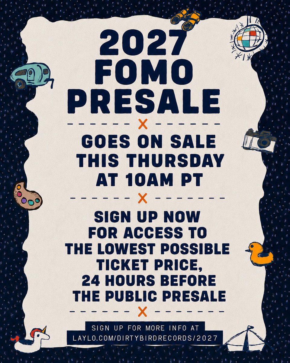 DirtybirdCamp's tweet photo. Got FOMO?🏕️ 2027 Presale Passes on sale THIS THURSDAY at 10am PT!

Only $50 down + free shipping. Sign up now in the bio 🔗 https://t.co/o5nhTm5AKc