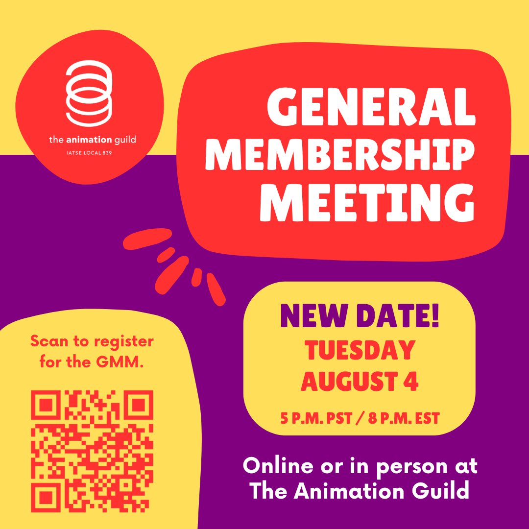 animationguild's tweet photo. Reminder! The TAG General Membership Meeting has been moved from its regular last Tuesday of July to Tues., Aug 4 at 5 p.m. PST / 8 p.m. EST due to the IATSE GEB meeting.  Active members in good standing are eligible to attend. Register at https://t.co/Uh4VE9XVnE https://t.co/g4MN67gMsS