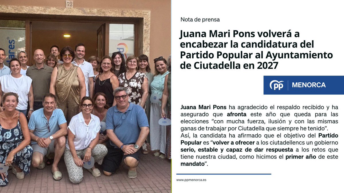 MargaProhens's tweet photo. Fa tres anys els ciutadellencs varen confiar majoritàriament en @juanamaripons com a batlessa de Ciutadella, una responsabilitat que va exercir des de la proximitat, l’escolta i la gestió, fins que pactes als despatxos varen interrompre la seva feina.

Segur que els ciutadellencs varen agafar bona nota i ampliaran la seva confiança en Juana Mari a les eleccions de 2027!
