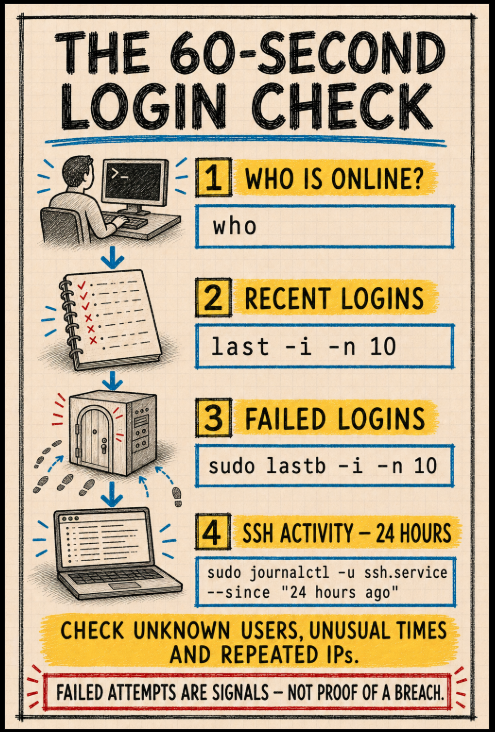 arimoyal's tweet photo. Ubuntu and Debian login audit: use who for currently logged-in users, last -i -n 10 for recent logins, sudo lastb -i -n 10 for failed logins, and sudo journalctl -u ssh.service --since "24 hours ago" for recent SSH activity.

#Linux #Linuxsecurity #Security https://t.co/dvjydD6iUs