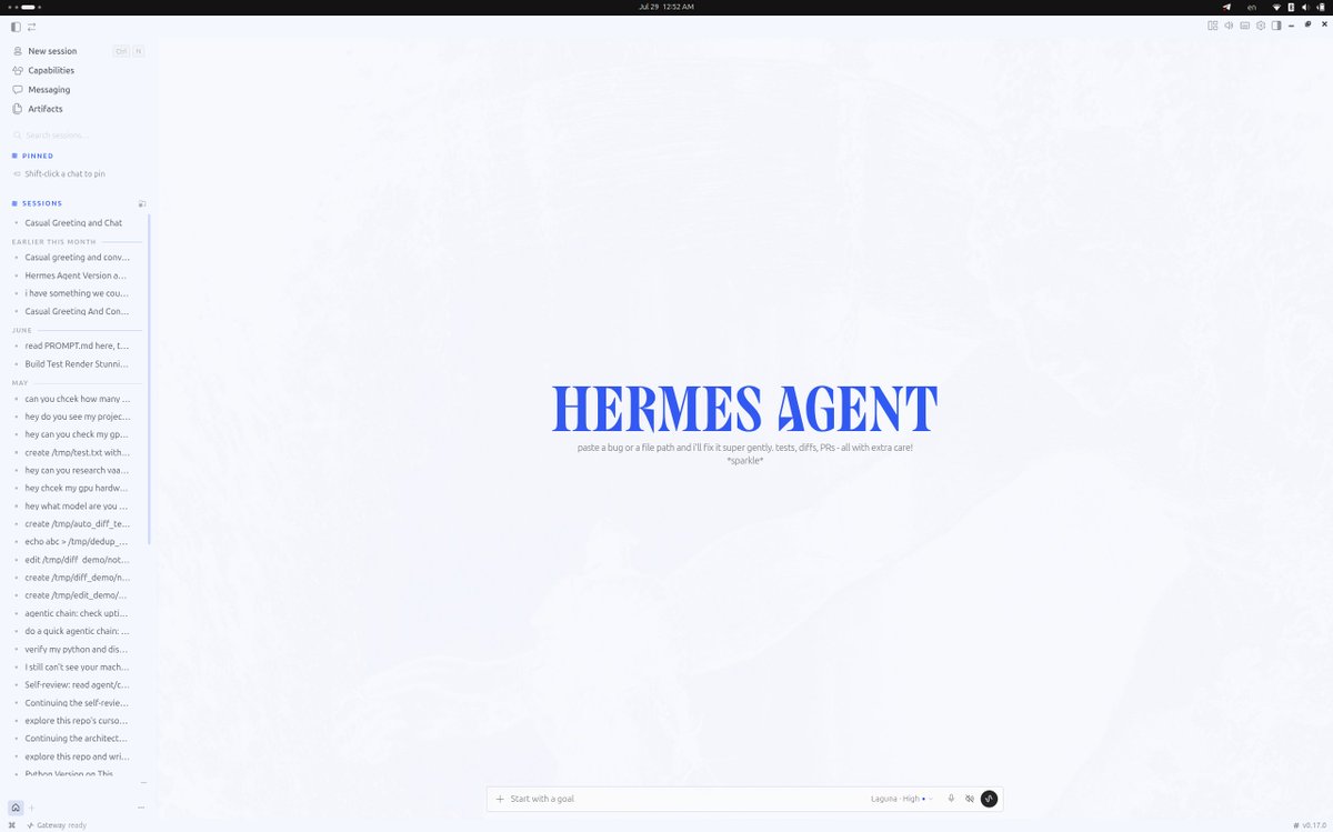 sudoingX's tweet photo. first time opening hermes agent desktop after months living in the cli, and i don't think i'm going back lol.

the setup is laguna s 2.1 is serving on my dgx spark, and i wired the desktop on my workstation straight to it over the tailnet. 

the model lives on the 128gb box in the other room and i'm just talking to it from here. it's holding around 20 tokens a second across the network off a chip pulling 39 watts. a 90gb model, streaming locally into a gui like it's nothing.

 the cli was already great, but the desktop renders everything. it fires tool calls in parallel and shows each one with its own timer, streams markdown live into clean tables with headers, opens artifacts in their own window, and the little animations make an agentic run feel like watching something think instead of reading a log. 

i asked it to profile my whole machine, it ran four command groups at once and rendered the full hardware breakdown as a proper doc.  i pointed it at laguna, didn't configure anything special, it ran. that's rare, most harnesses fight you the second you go off the beaten model. hermes agent doesn't.

this is genuinely good. laguna's cranking, the desktop is smooth, and i've got a lot more coming from this setup.