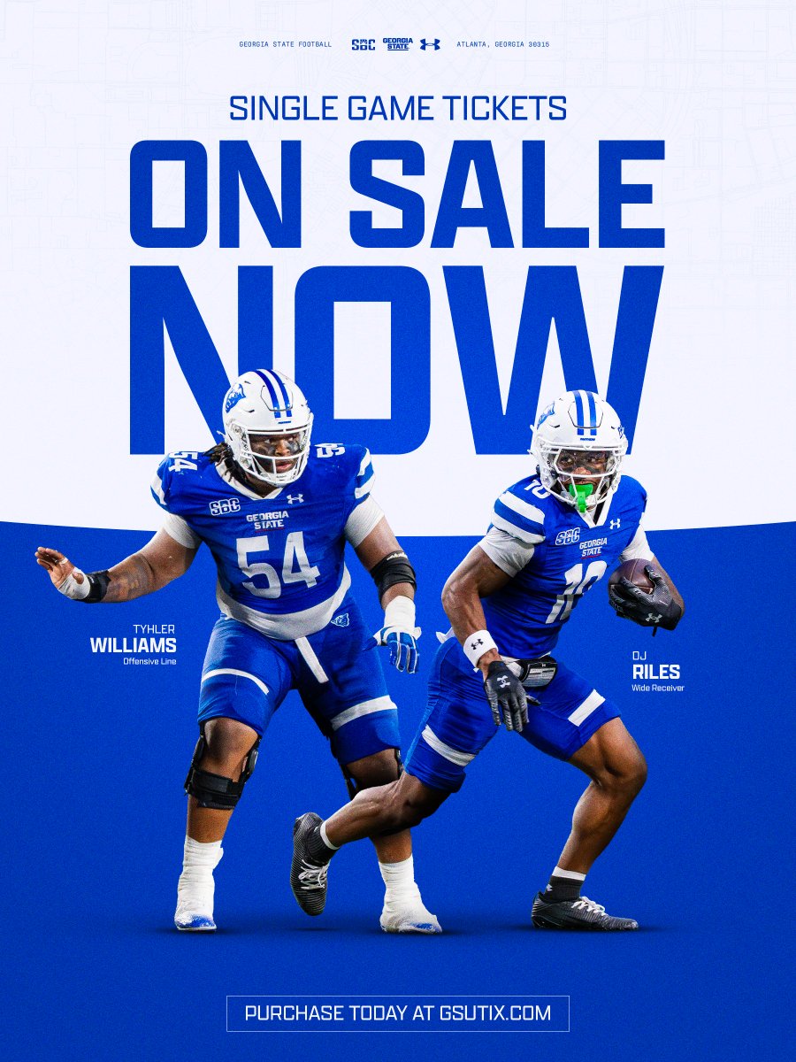GeorgiaStateFB's tweet photo. Single Game Tickets On Sale Now 🎟️
Buy now: https://t.co/cNZBOZ2cxh

#LightItBlue | #HistoryHappensHere