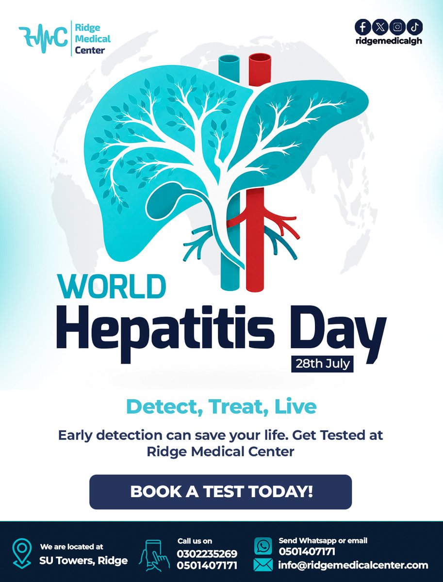 ridgemedicalgh_'s tweet photo. Today, we join the world in observing World Hepatitis Day, raising awareness about the importance of knowing your status, early detection, and prompt treatment.💙

#WorldHepatitisDay #HepatitisAwareness #KnowYourStatus #EarlyDetection #LiverHealth #HealthAwareness https://t.co/0p3WGdxFJF