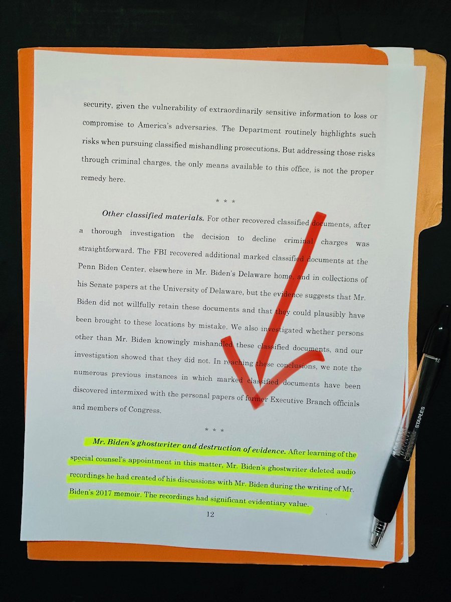 C__Herridge's tweet photo. BIDEN GHOSTWRITER: ERASED AUDIO TAPES

A key data point is being lost in the conversation. 

According to Special Counsel Hur, the ghostwriter erased the Biden tapes after he learned of Hur's investigation.

Hur considered charging the ghostwriter with obstruction but declined, in part because the ghostwriter admitted to his actions, kept the Biden transcripts, and the FBI recovered the recordings from his computer.

NOTE: The Biden audio tapes were recorded SEVEN YEARS BEFORE Hur concluded Biden could not be prosecuted for mishandling classified information because of his age, and failed memory.