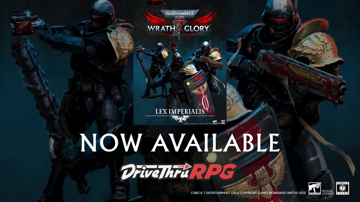 DriveThruRPG's tweet photo. Warhammer 40,000: Wrath &amp; Glory, Lex Imperialis is available now from @cubicle7 

Get it here: https://t.co/TJ7gH26Reh

Bring the cold fury and ruthless brutality of Imperial justice to your adventures in the 41st millennium.
#ttrpg #warhammer https://t.co/0BCUFNSe0z