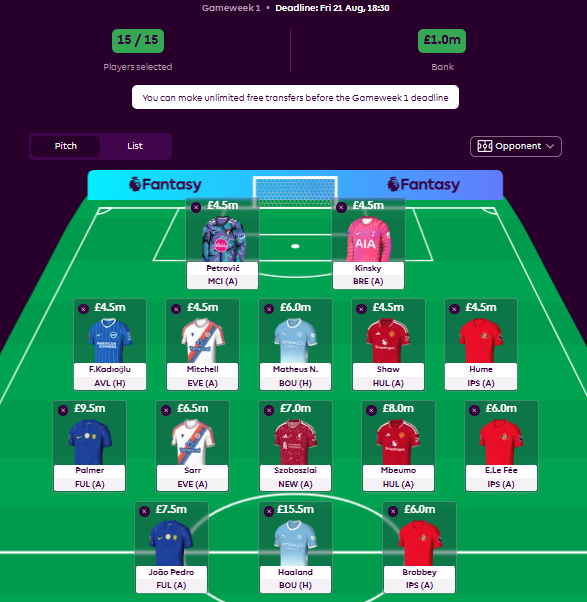 NoWeakFoot98's tweet photo. @FPL__Raptor Early BB - £1.0m to help get out of any sticky situations in first 5 weeks to prolong WC https://t.co/wjF5Tobkbl