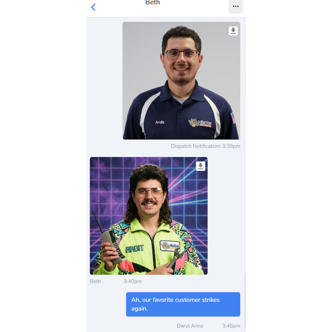CallMattioni's tweet photo. Our favorite customer strikes again! This time, we were surprised to see Ardit sent back to the 90s, and yes, he made that furnace look totally rad! Should we do this to all of our tech dispatch notifications? https://t.co/vUe3RNgW87