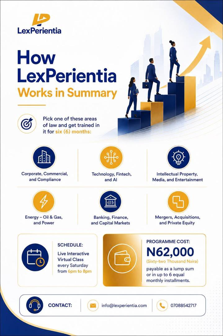 NBAYLFOfficial's tweet photo. Upskill with LexPerientia.

6-month specialist training in Corporate, AI, IP, Energy, Banking &amp; M&amp;A.

₦62,000/course (pay upfront or in monthly instalments).
2 courses: ₦100,000.

🔗 https://t.co/wYWV3xaau3 https://t.co/XYQtl4ZYVI