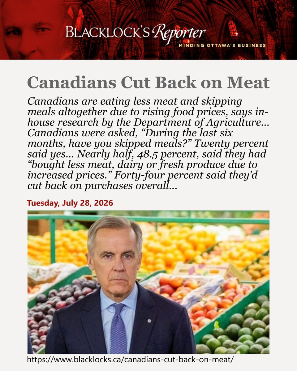 AndrewScheer's tweet photo. Carney said to judge him on inflation based on grocery prices. 

Life wasn’t like this just a few years ago. 

Now, hard-working Canadians are forced to cut back on meat. 

Massive Liberal deficits cause inflation and hidden taxes drive food prices up.

Solution: Conservative policies of lower taxes, fiscal sanity, and free markets.