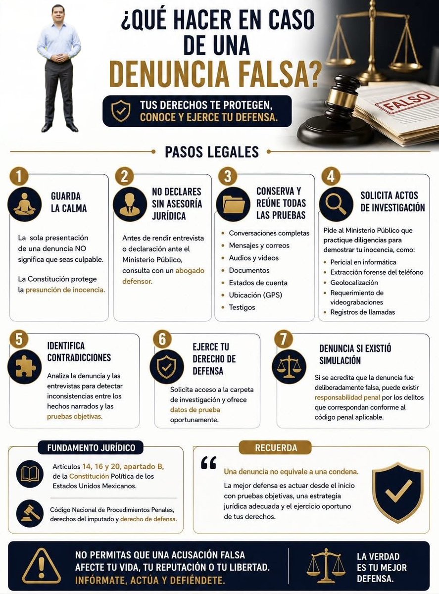 Oscarfloviveros's tweet photo. #DatoJurídico 🚨¿Qué hacer ante una denuncia falsa?🚨 
Lo primero que debes hacer es mantener la calma, buscar un abogado de inmediato y guardar silencio ante las autoridades hasta contar con asesoría legal. Nunca intentes hablar con el denunciante por tu cuenta. 👇🏻⚖️👁️ https://t.co/o45usGCZb9