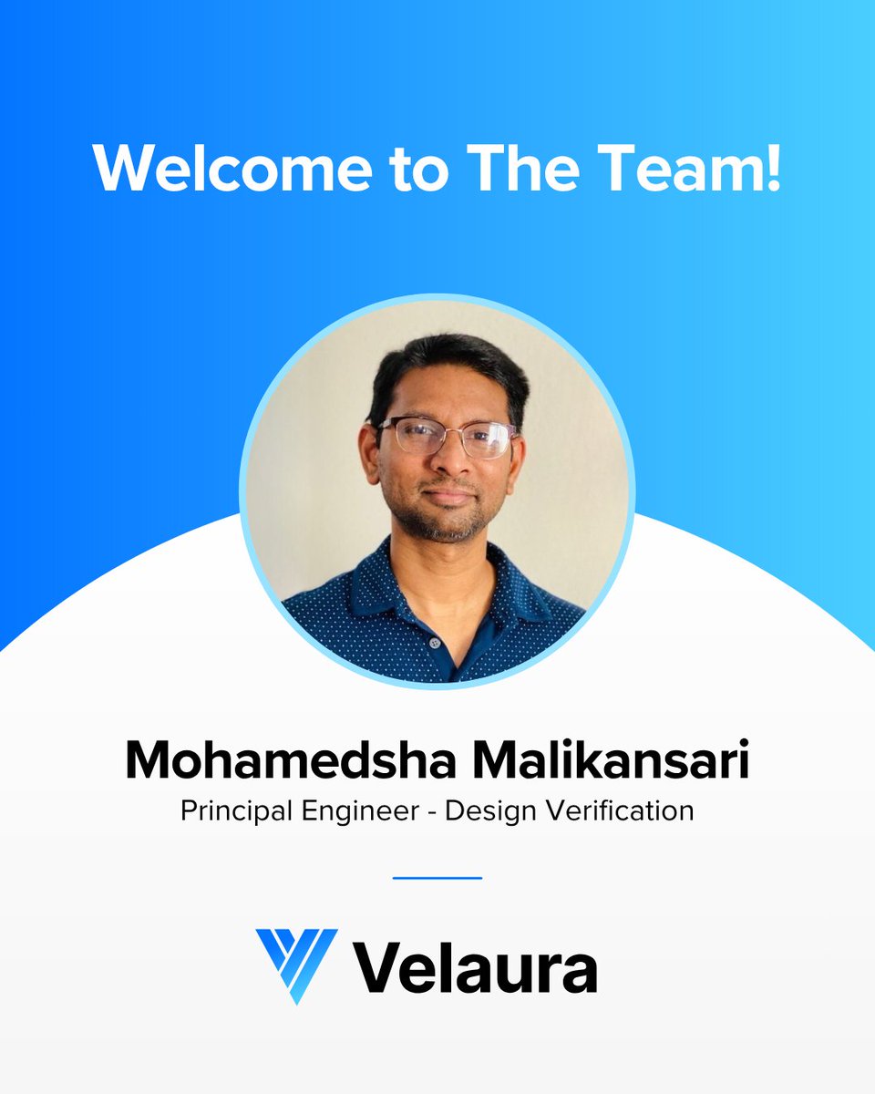 Velaura_AI's tweet photo. We’re pleased to welcome Mohamedsha Malikansari as Principal Engineer - Design Verification at @velaura_ai. 

Mohamedsha brings more than 24 years of experience across CPU design, AI accelerators, memory controllers, on-chip interconnects, and server and mobile SoCs. Throughout his career at @intel, @nuvia_inc, and @Qualcomm, he has held technical and project leadership roles spanning architecture, RTL development, design verification, formal verification, gate-level simulation, and post-silicon debug.

Most recently, Mohamedsha served as a Verification Architect and Leader on @Qualcomm's CPU team, leading the development of verification transactors and infrastructure supporting multiple generations of Arm-based CPUs across mobile, compute, automotive, and server products.

He has successfully guided complex projects from initial microarchitecture definition and implementation through tapeout, post-silicon validation, and production release. His depth of experience will be critical as we continue building next-generation compute technology for cloud, edge, and Physical AI.

Please join us in welcoming Mohamedsha to @velaura_ai  AI.