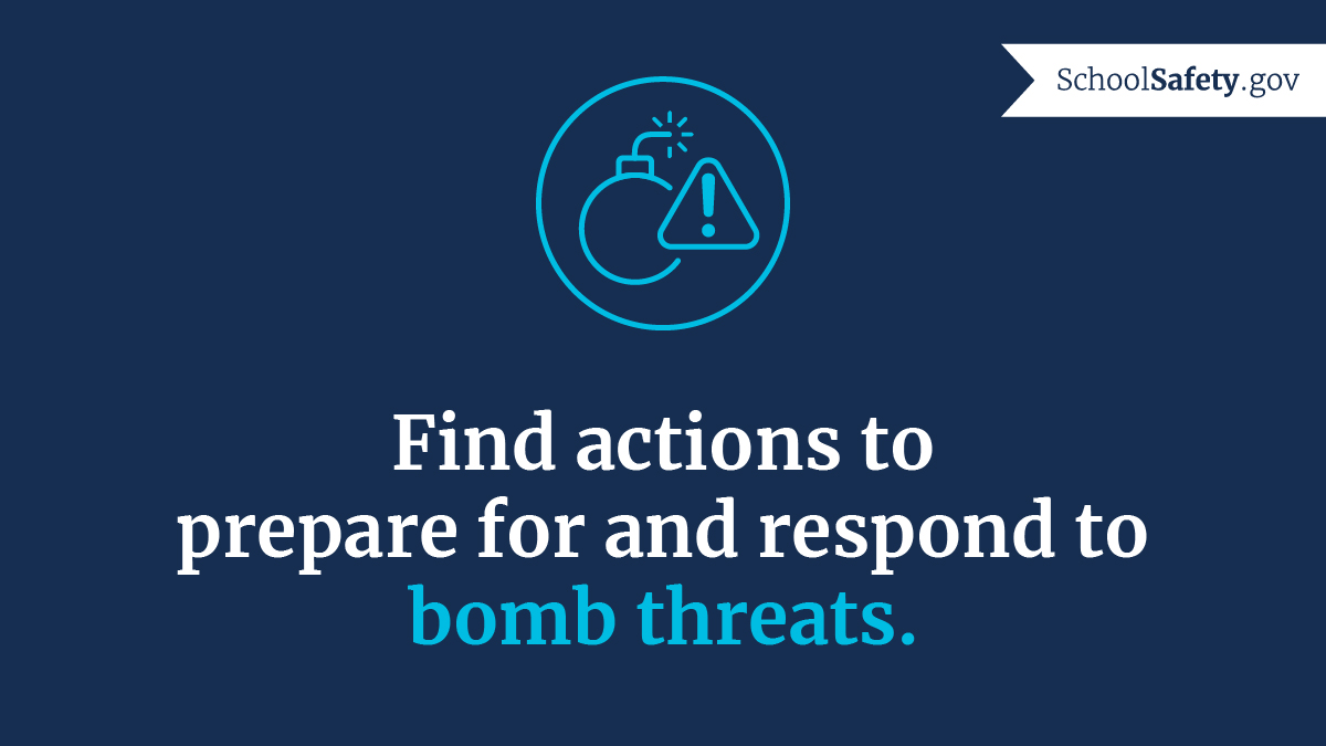 SchoolSafetyGov's tweet photo. .@CISAgov offers a suite of resources and training to help schools strengthen their preparedness for bomb threats. Find strategies and info for school and district administrators and staff: https://t.co/fELXOUzINP https://t.co/Ht4y9KAqaF
