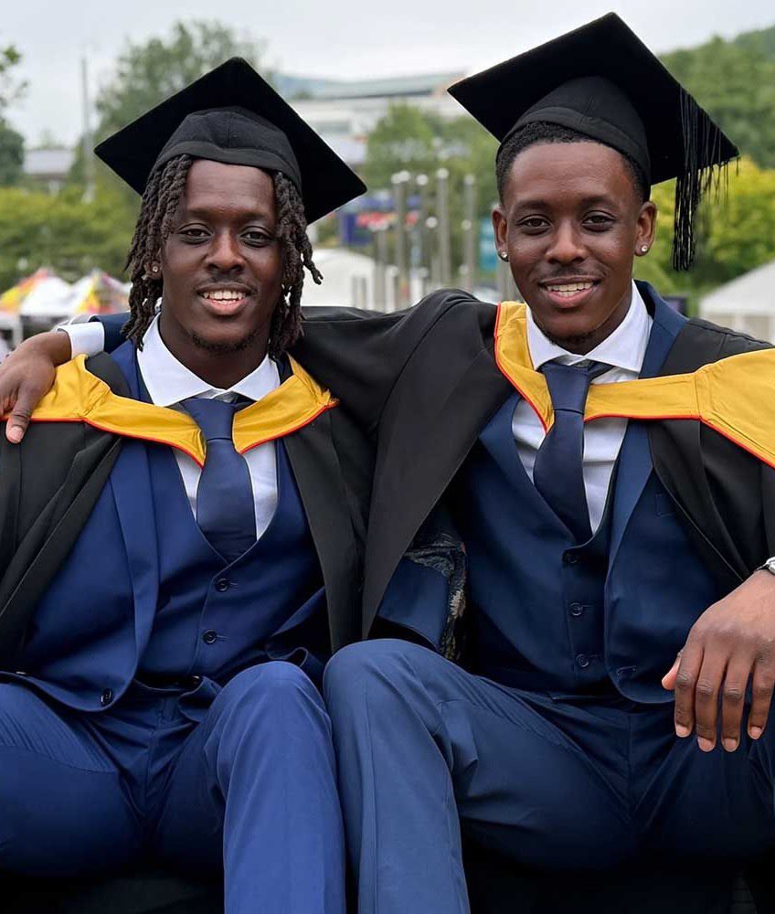 skiistiredasf's tweet photo. Adrian and Ainsley Dondo, 22-year-old Black twin brothers from Bradford, England, graduated together from Keele University in July 2026 with matching 2:1 degrees in Biomedical Science. They studied side by side for four years and now plan to train as biomedical scientists. https://t.co/WPfMEMGYIs