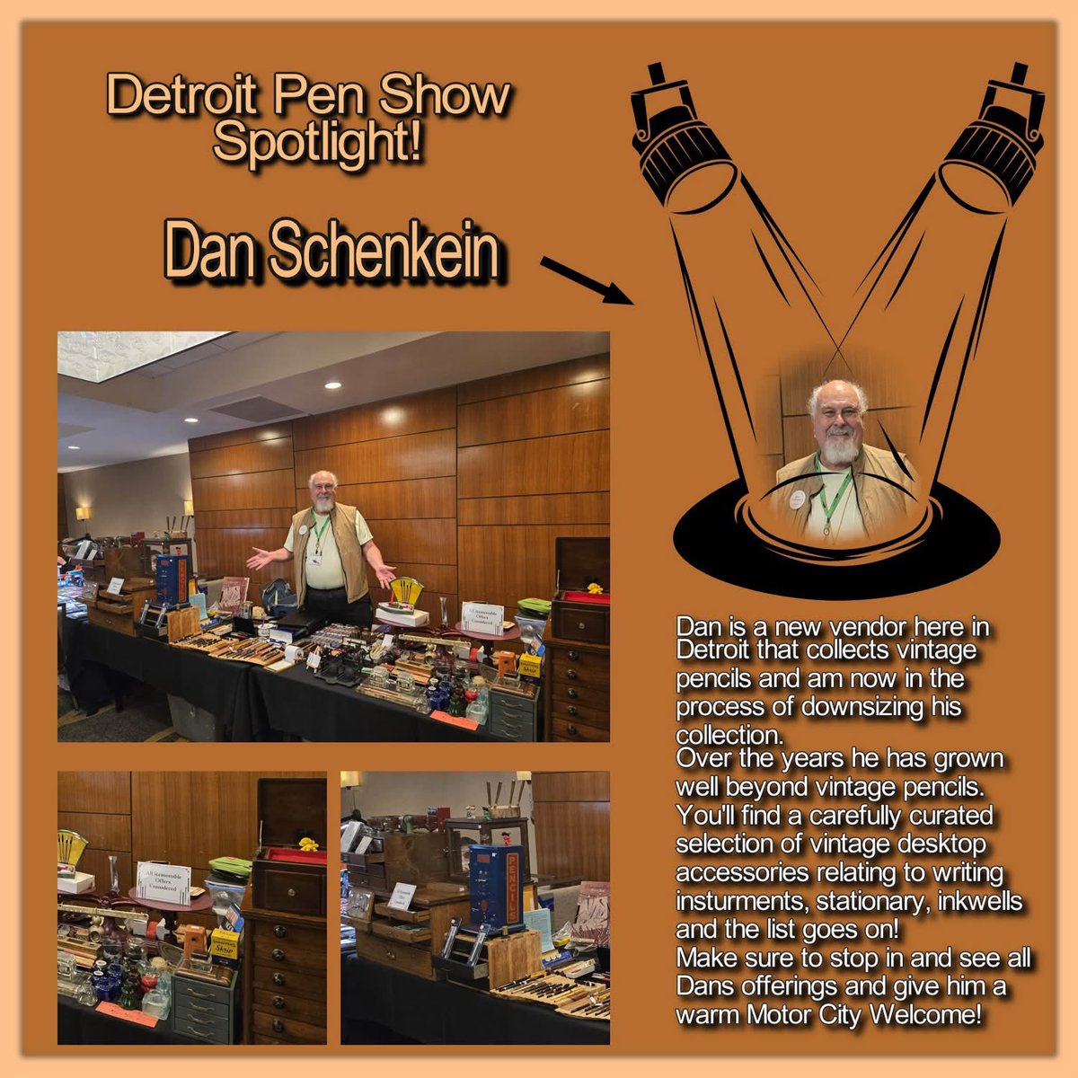 detroitpenshows's tweet photo. Make sure to stop by and welcome new vendor Dan Schenkein to the Motor City!
You can see all the DPS vendors at the link below!
https://t.co/imOVro5Wv3
#DPS2026 #penshows https://t.co/QQ9v5GfK9q