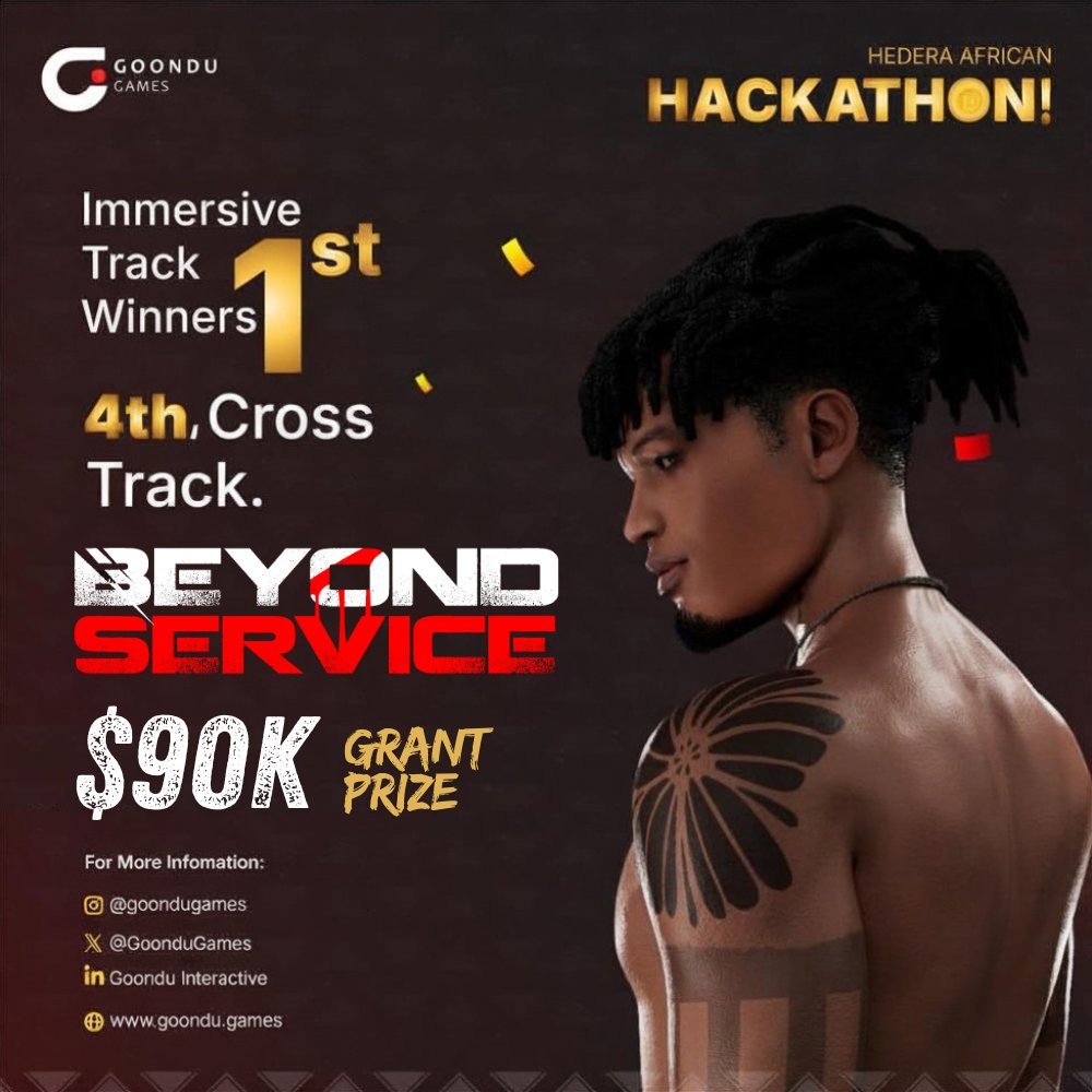 GoonduGames's tweet photo. 🏆 We did it!
Goondu Games emerged 1st Place in the Immersive Track and 4th Overall across all tracks at the Hedera Africa Hackathon! 🎉
To our amazing team and everyone patiently waiting for release—thank you. We're one step closer. 🚀
#Hedera #HederaAfrica #BeyondServiceGame https://t.co/l044mLiwBa