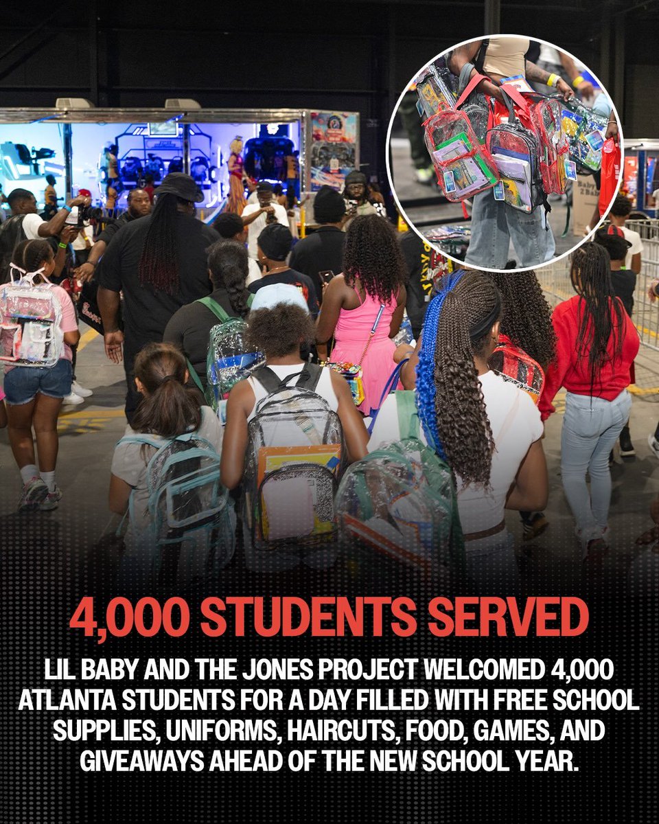 revoltblacknews's tweet photo. Lil Baby and The Jones Project hosted their 6th Annual Back-to-School Fest, helping 4,000 Atlanta students get school-ready with free supplies, uniforms, haircuts, giveaways, and more 🙌🏾 https://t.co/ZhIkh50jsB