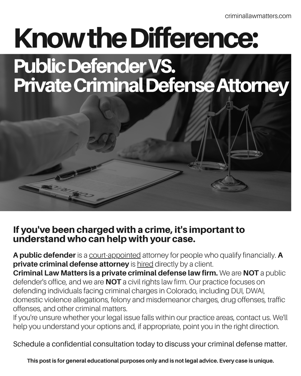William93057150's tweet photo. Not every attorney handles every type of case. Criminal Law Matters is a private criminal defense law firm—not a public defender's office or a civil rights law firm. Contact us to discuss your Colorado criminal defense matter. #CriminalDefense #ColoradoLaw https://t.co/CQ4YvbL3TA