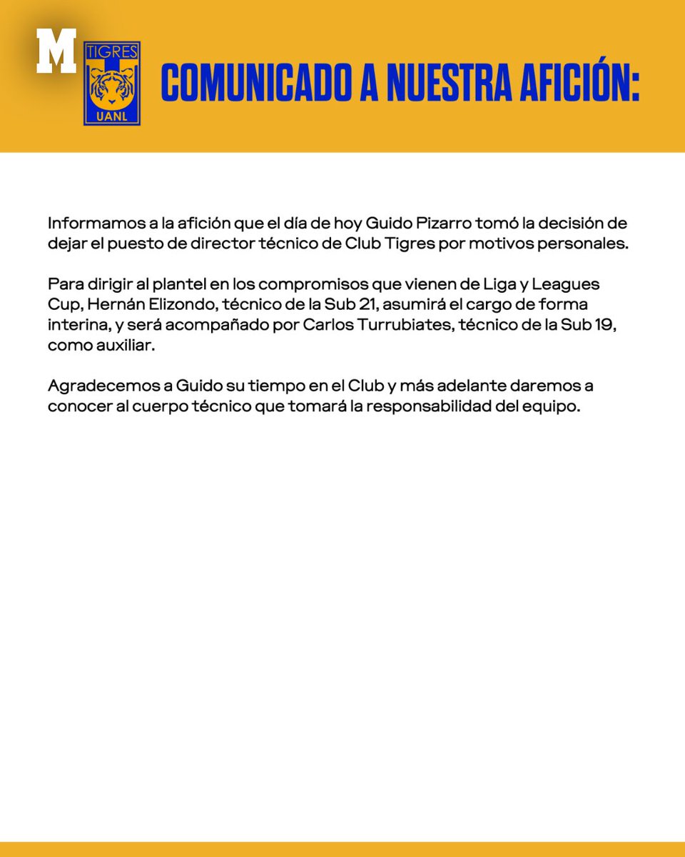 MarcaMexico_'s tweet photo. 🚨🇲🇽 ¡BOMBAZO EN TIGRES! 🐯

🇦🇷 Guido Pizarro deja de ser el director técnico de Tigres. El argentino anunció su salida con un comunicado en el que explicó que la decisión llegó tras un proceso de reflexión

#tigres #futbol #ligamx #guidopizarro #mexico https://t.co/DGcipHGE88