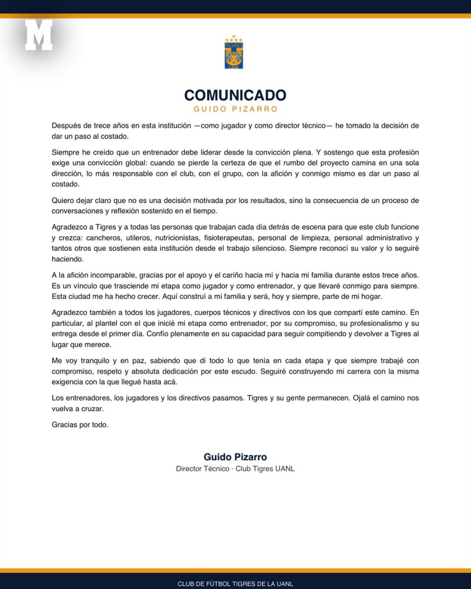 MarcaMexico_'s tweet photo. 🚨🇲🇽 ¡BOMBAZO EN TIGRES! 🐯

🇦🇷 Guido Pizarro deja de ser el director técnico de Tigres. El argentino anunció su salida con un comunicado en el que explicó que la decisión llegó tras un proceso de reflexión

#tigres #futbol #ligamx #guidopizarro #mexico https://t.co/DGcipHGE88