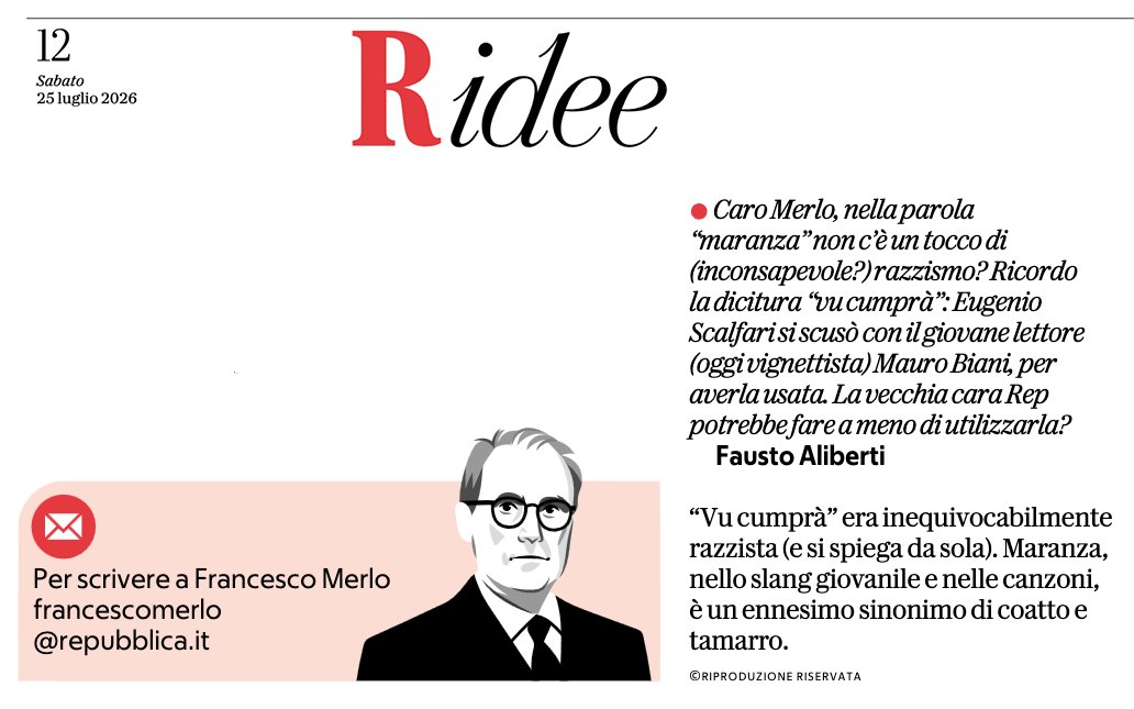 maurobiani's tweet photo. #vucumprà #maranza 
Il 25 luglio nella rubrica delle lettere di @FrancescomerloI. 
Ringrazio @FaustoAliberti che lo ha ricordato.
La mia lettera era del 1990, avevo 23 anni. E #Scalfari, da signore, mi rispose.
P.s. io credo che #maranza sia comunque usato un po' razzista. https://t.co/tDYeLCXt9d